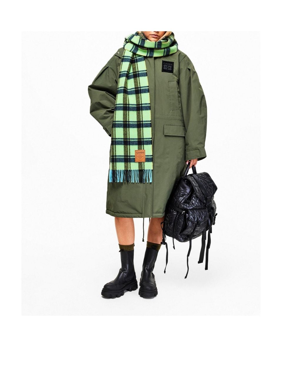 Ganni Green Plaid Wool Scarf