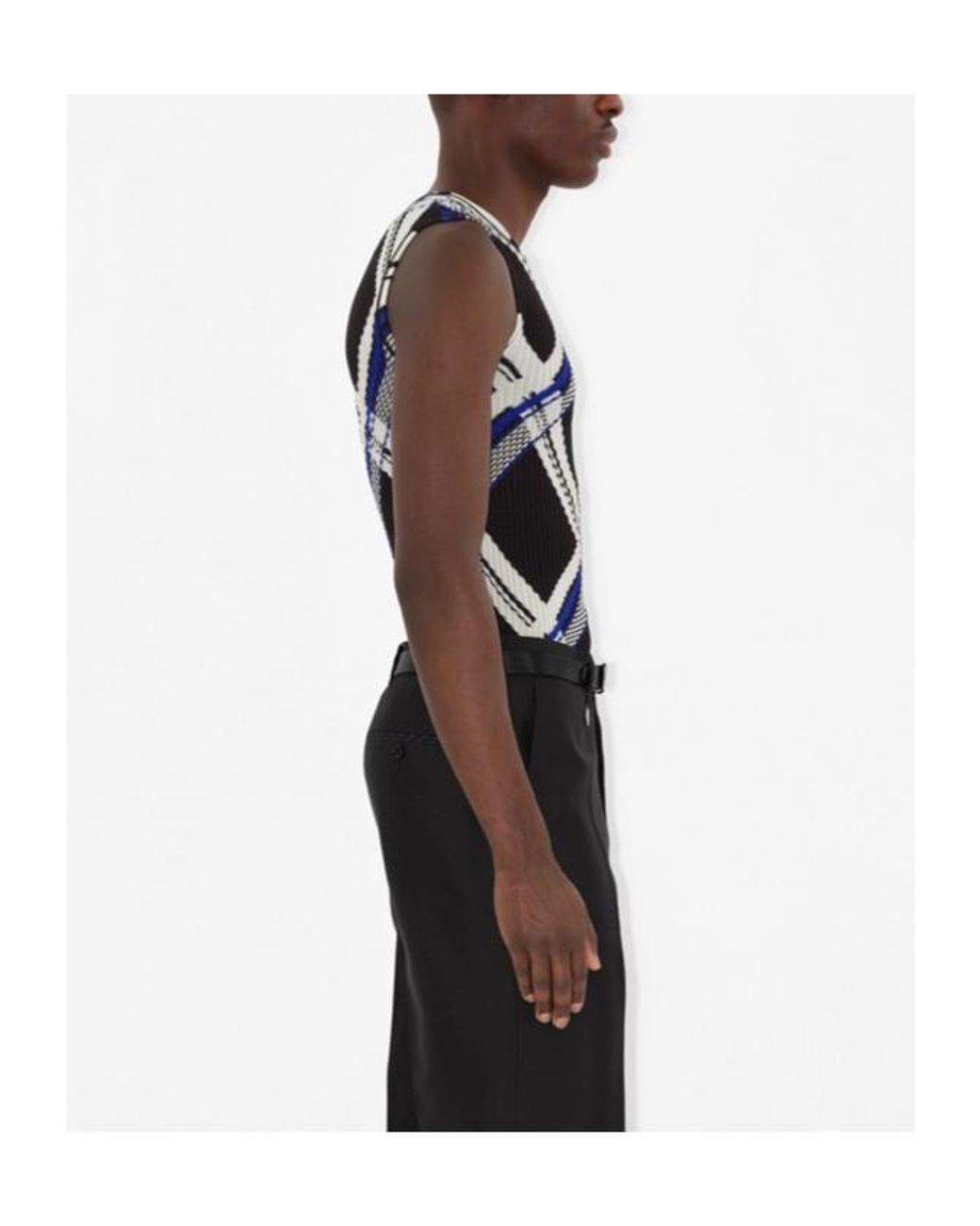 Burberry Blue Checked Ribbed-Knit Sleeveless Top for men