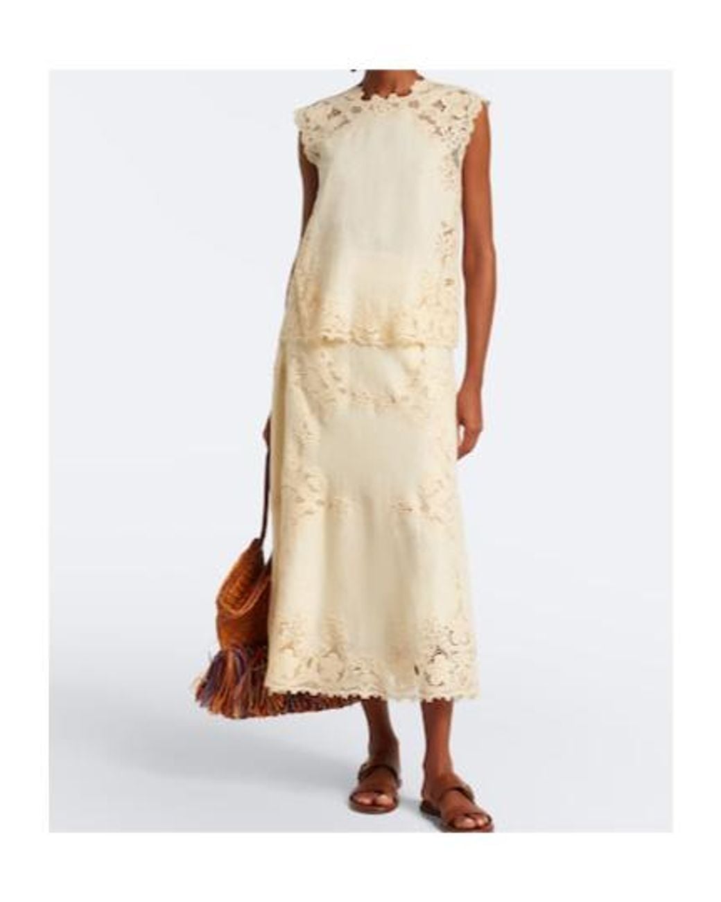Ulla Johnson Natural Fleur Crochet-Trimmed Linen Midi Skirt