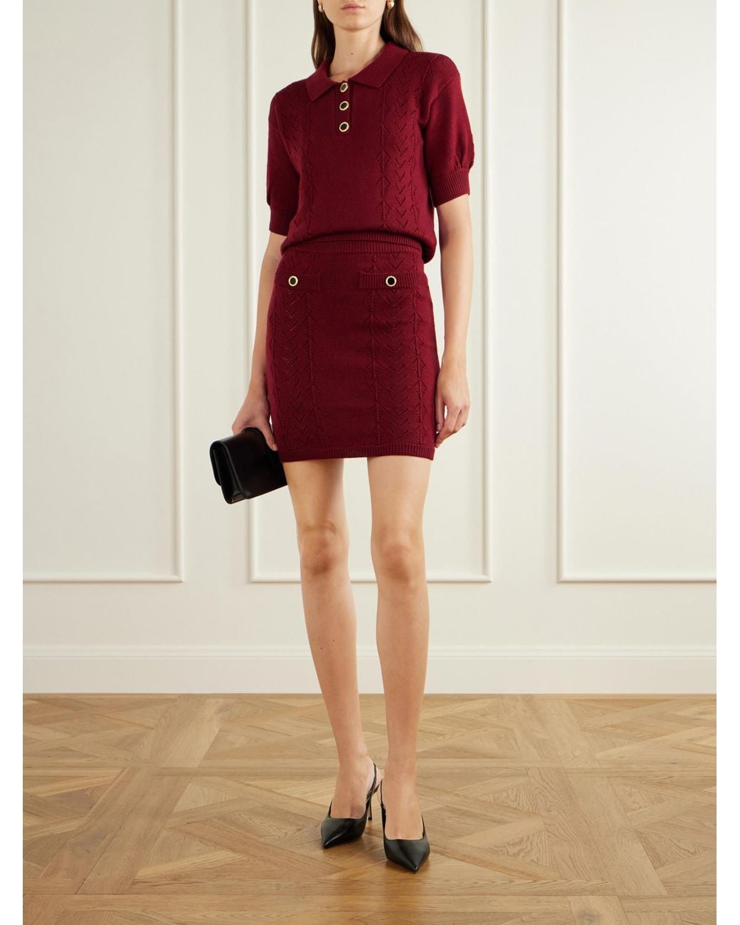 Alessandra Rich Red Open-Knit Wool Polo Shirt