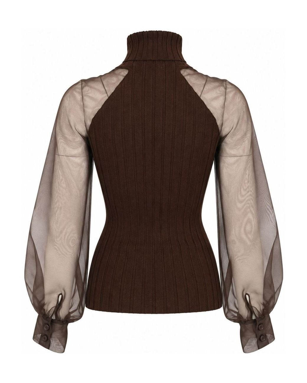 D.exterior Brown Sheer-Sleeve Turtleneck Knitted Sweater