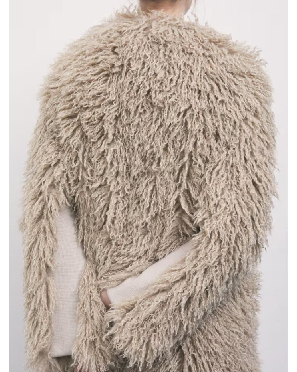 Patrizia Pepe Natural Shaggy Curly Faux Fur Stand-Collar Long Coat