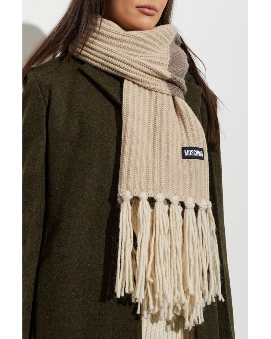 Moschino Natural Ribbed-Knit Fringed Scarf for men