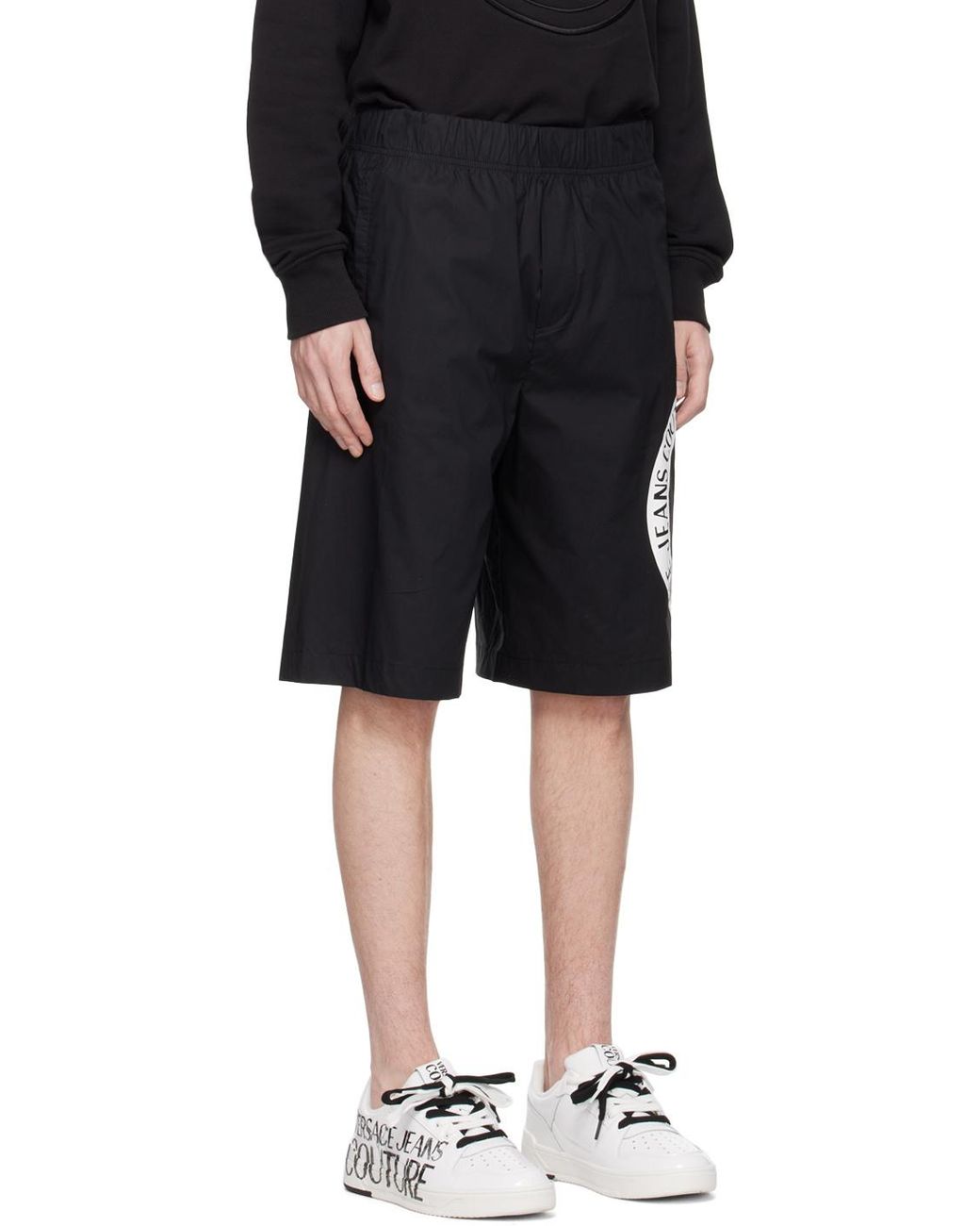 Versace Jeans Black Couture Logo-Printed Elasticated Waistband Shorts for men