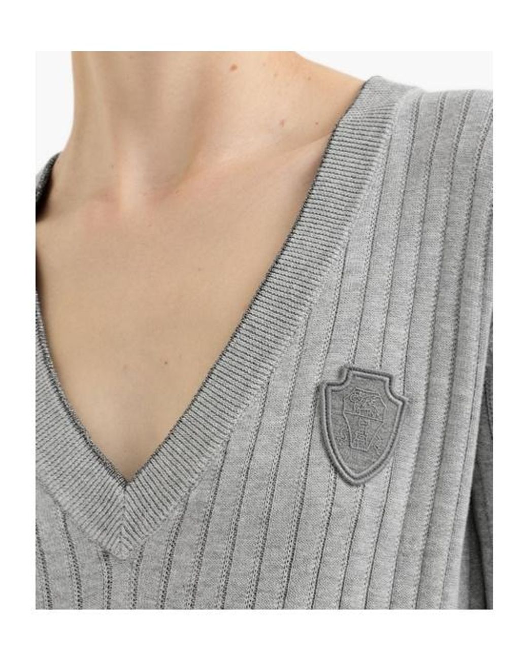 Brunello Cucinelli Gray Cotton Ribbed V-Neck Sweater