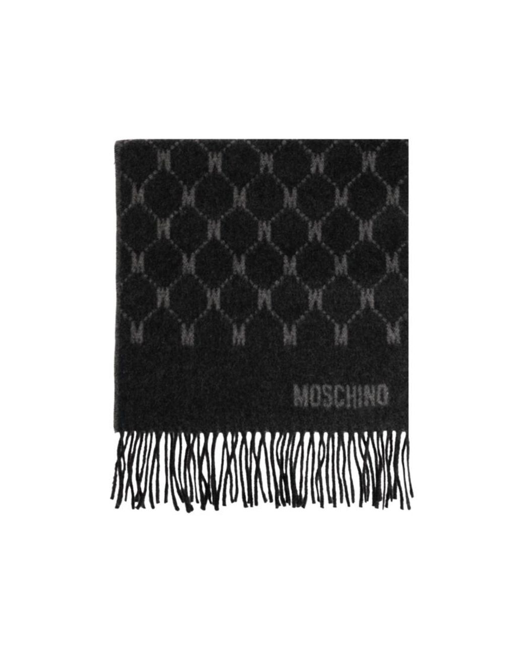 Moschino Black Monogram Fringed Knitted Scarf for men