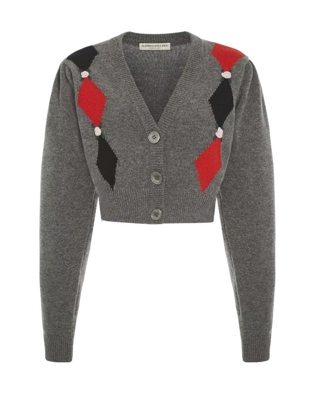 Alessandra Rich Gray Intarsia-Knit Cropped Cardigan