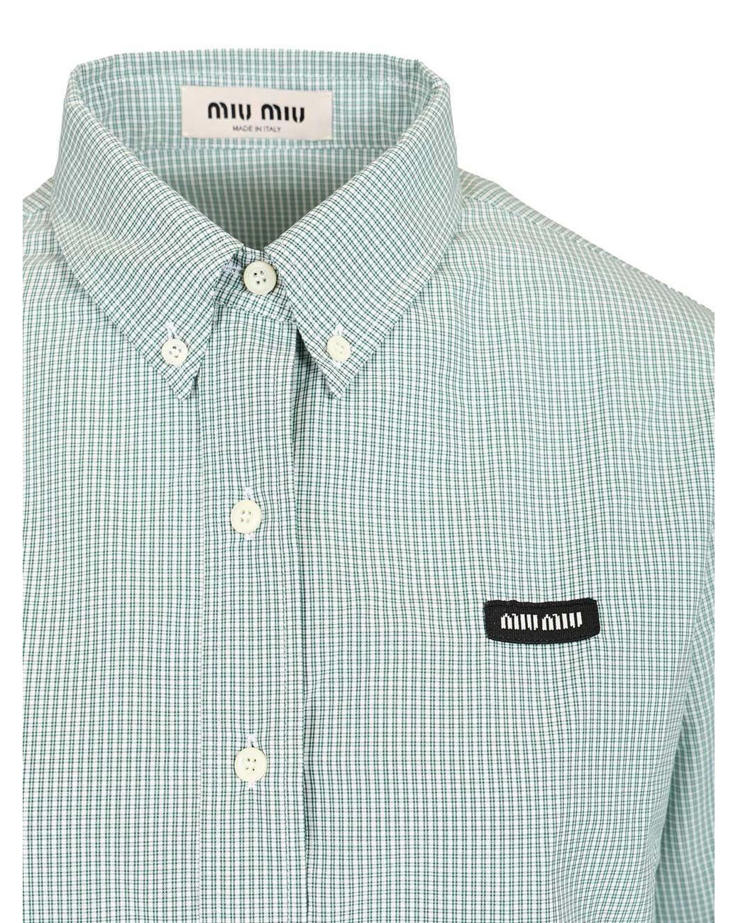 Miu Miu Blue Logo-Embroidered Button-Up Checked Shirt