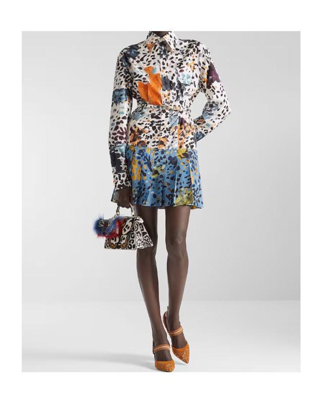 Fendi Blue Falena Print Belted Pleated Mini Dress