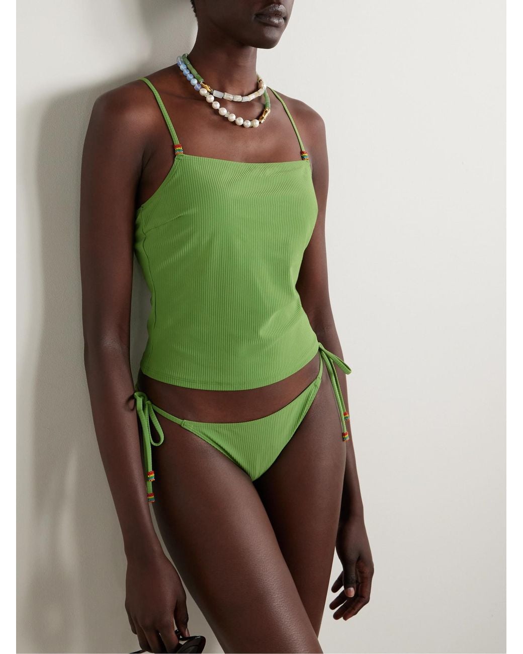 Staud Green Cleo Bead-Embellished Ribbed Bikini Top