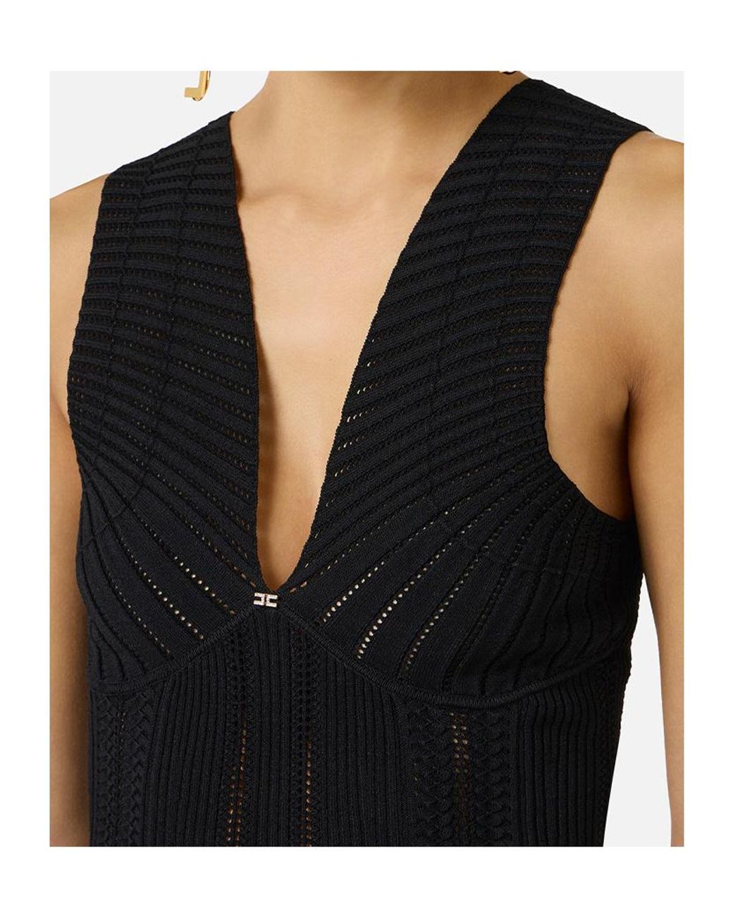 Elisabetta Franchi Black Pointelle V-Neck Knitted Dress