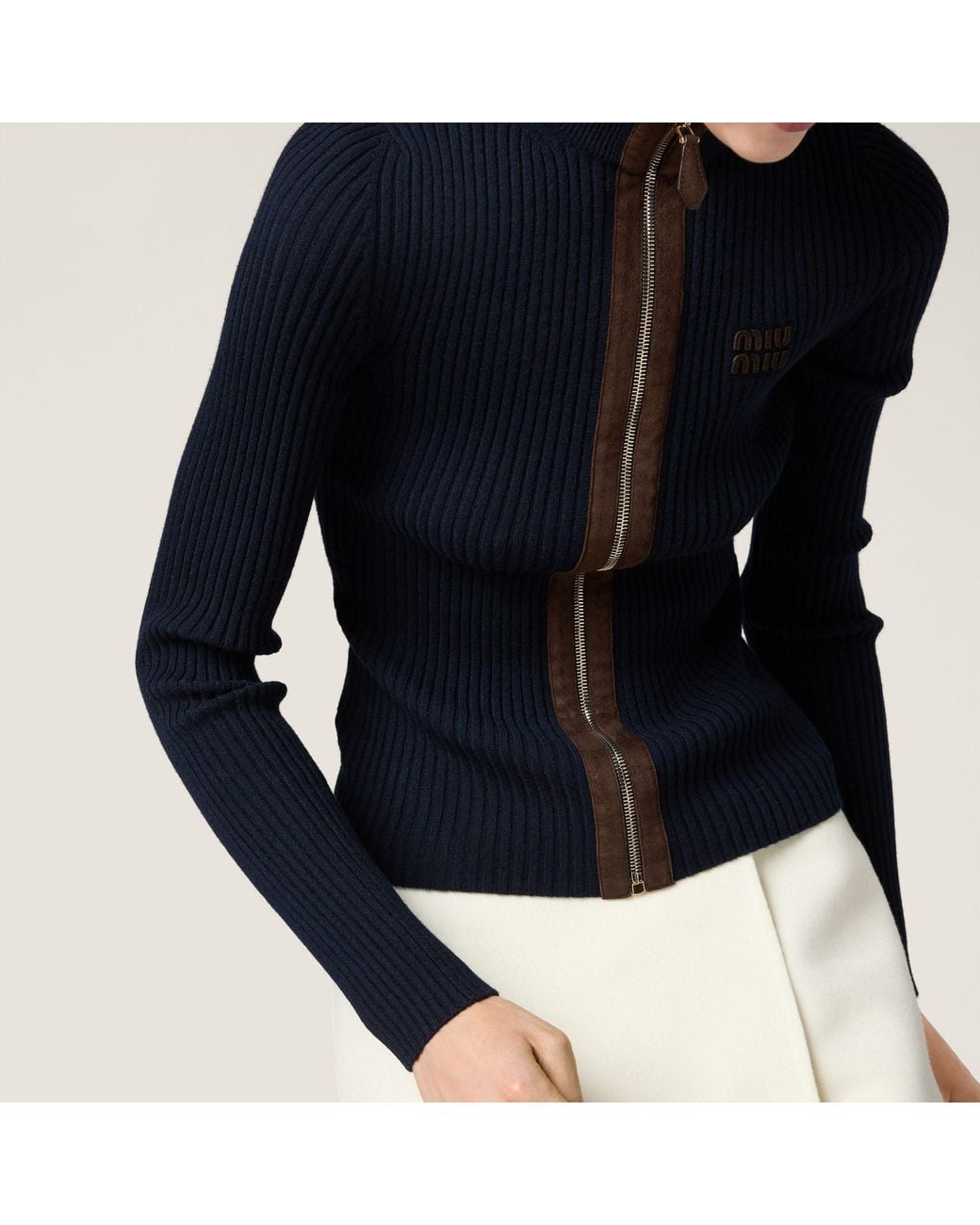 Miu Miu Blue Cashmere And Leather Zipper Cardigan