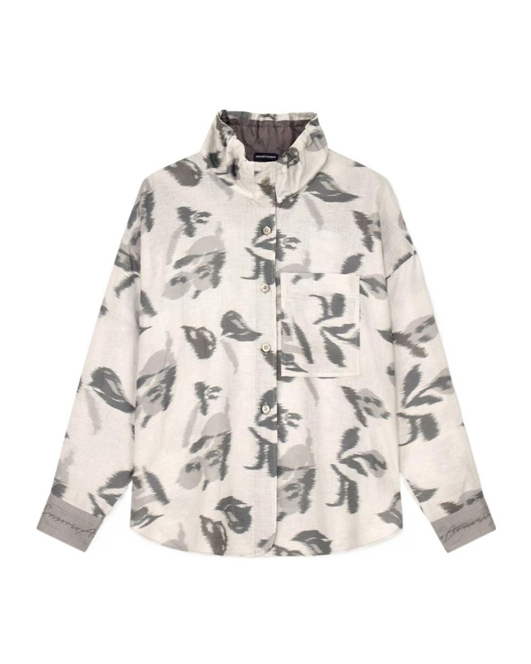 Emporio Armani Natural Linen Shirt With A Chiné Flower Print And High Collar