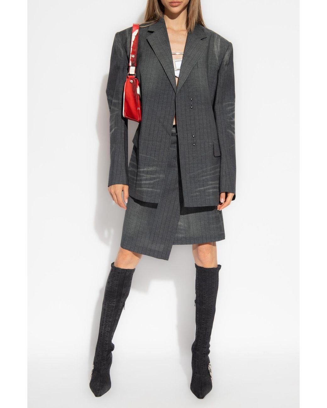 DIESEL Gray Stripe Patterned Asymmetric Wrap Skirt