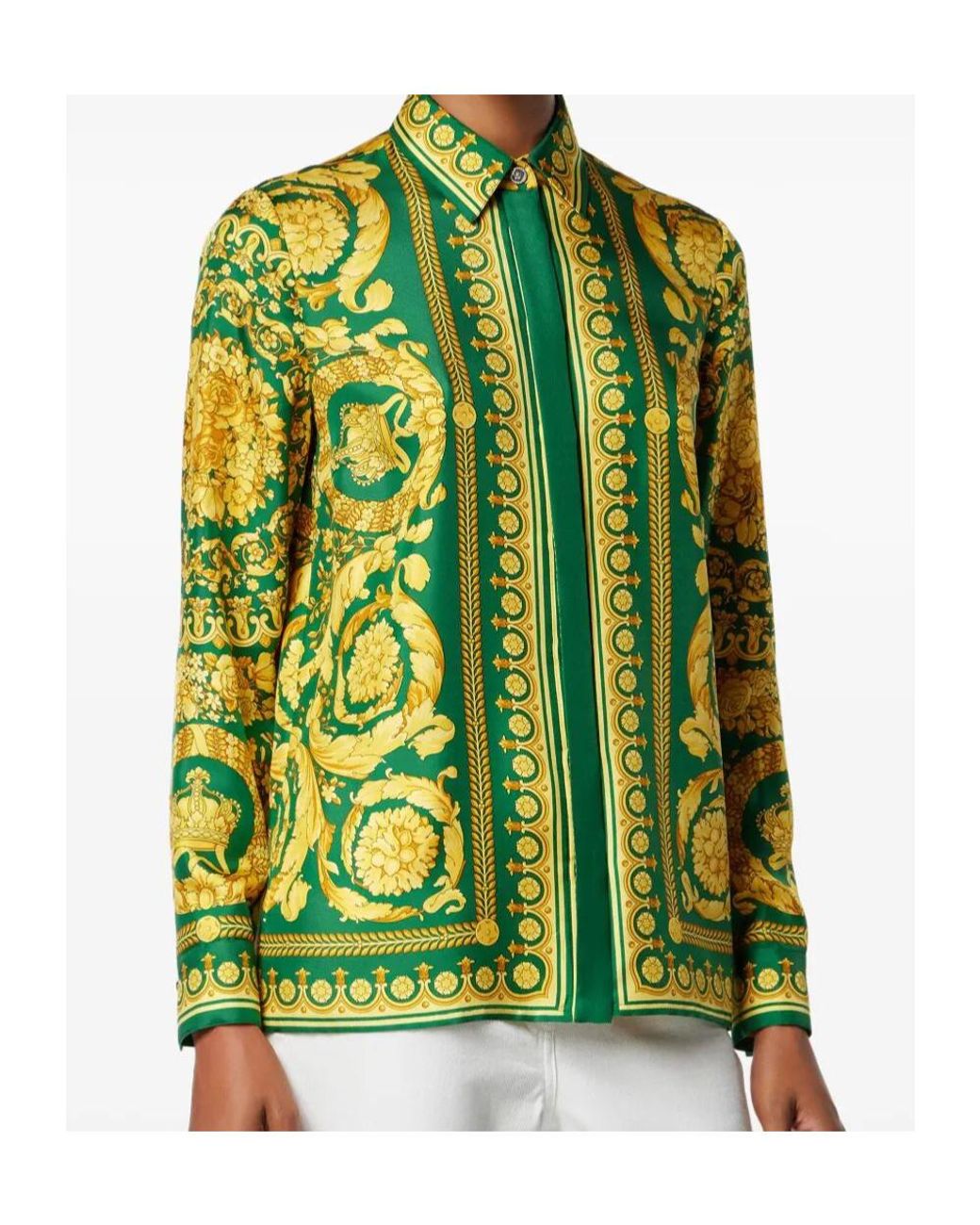 Versace Green Baroque Pattern Long Sleeved Shirt