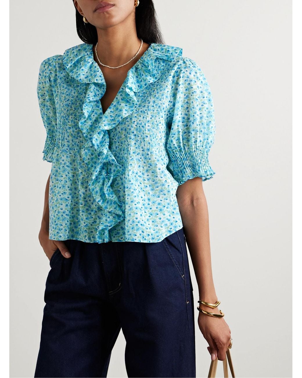 Doen Blue Ruffled Pintucked Floral-Print Voile Top