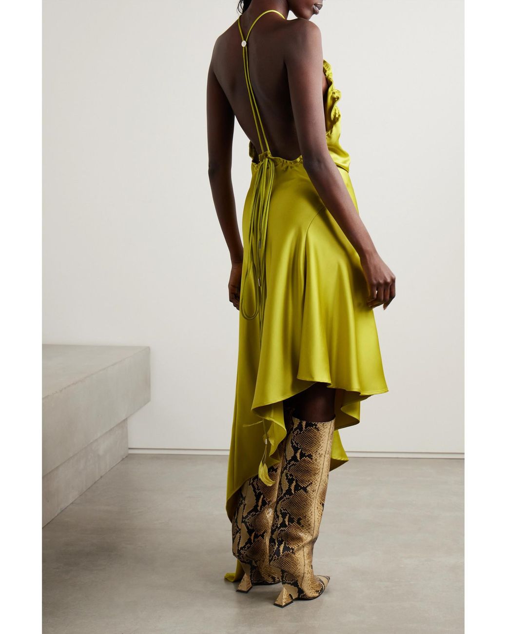 The Attico Yellow Asymmetric Feather-Trimmed Satin Halterneck Midi Dress