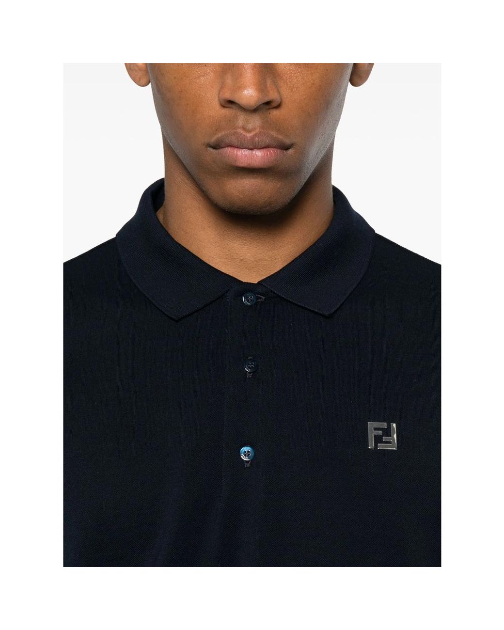 Fendi Blue Logo Plaque Short-Sleeved Polo Shirt for men