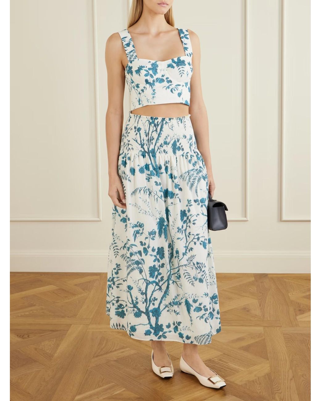 Erdem Blue Shirred Floral-Print Cotton And Linen-Blend Midi Skirt
