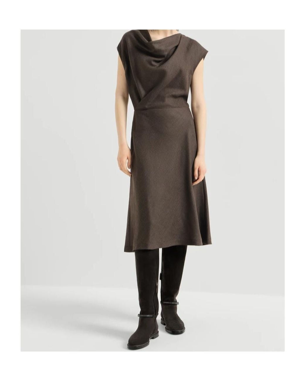 Brunello Cucinelli Brown Virgin Wool Diagonal Flannel Wrap-Effect Dress With Monili