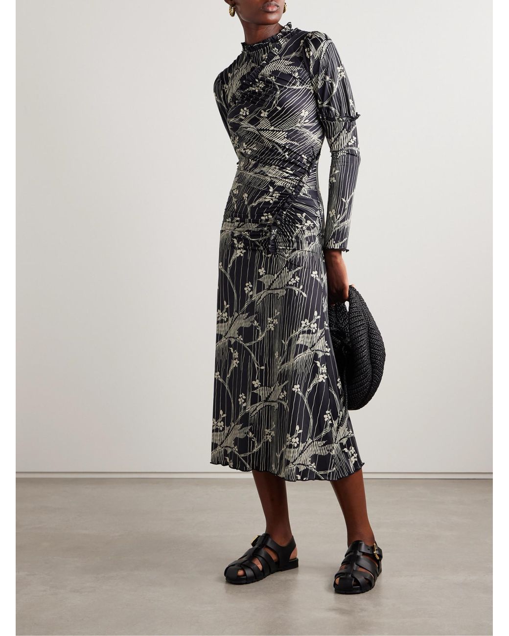 Sea Gray Wrinkled Printed Mid-Length Dress