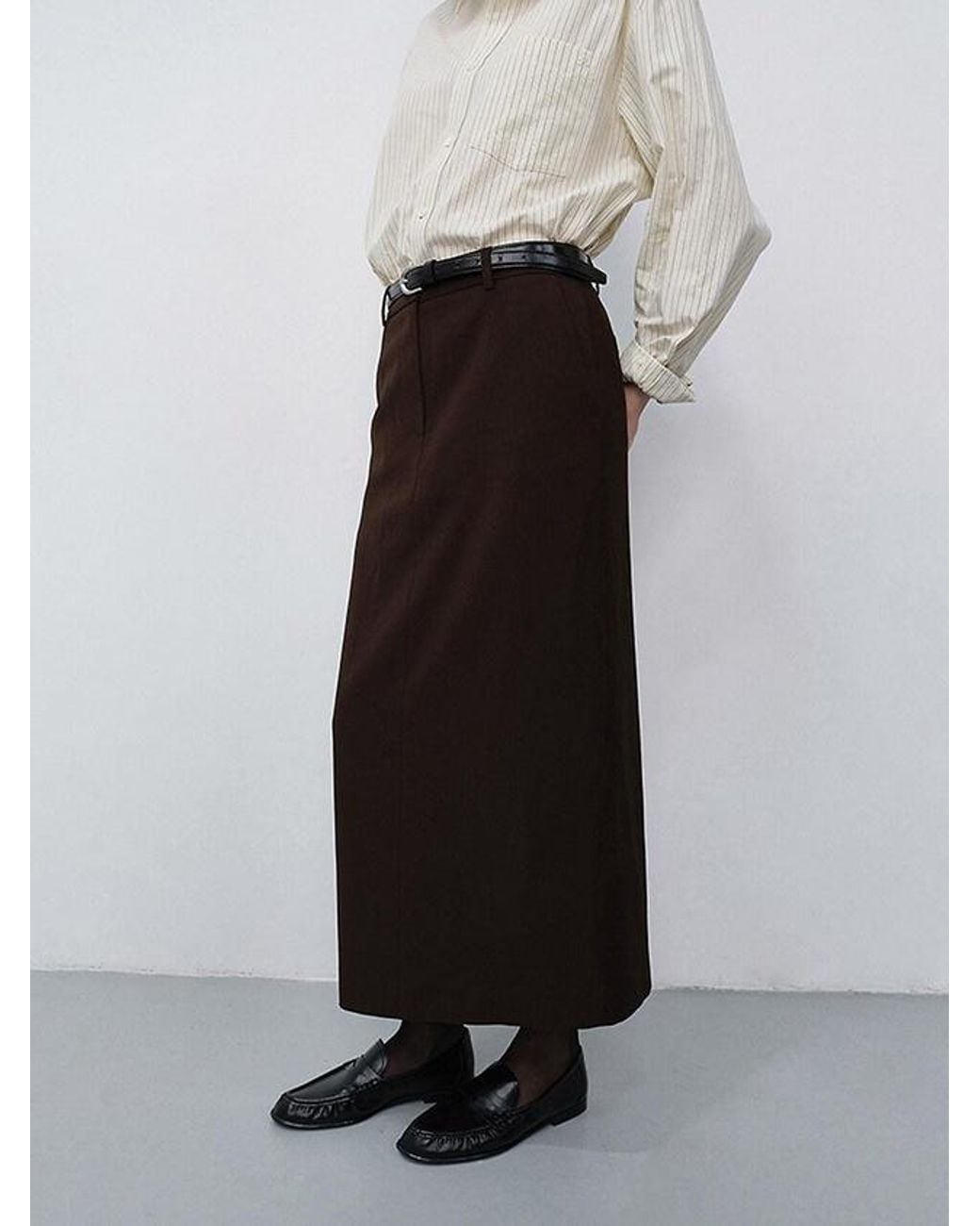 DUNST Brown Pinstripe Column Midi Skirt