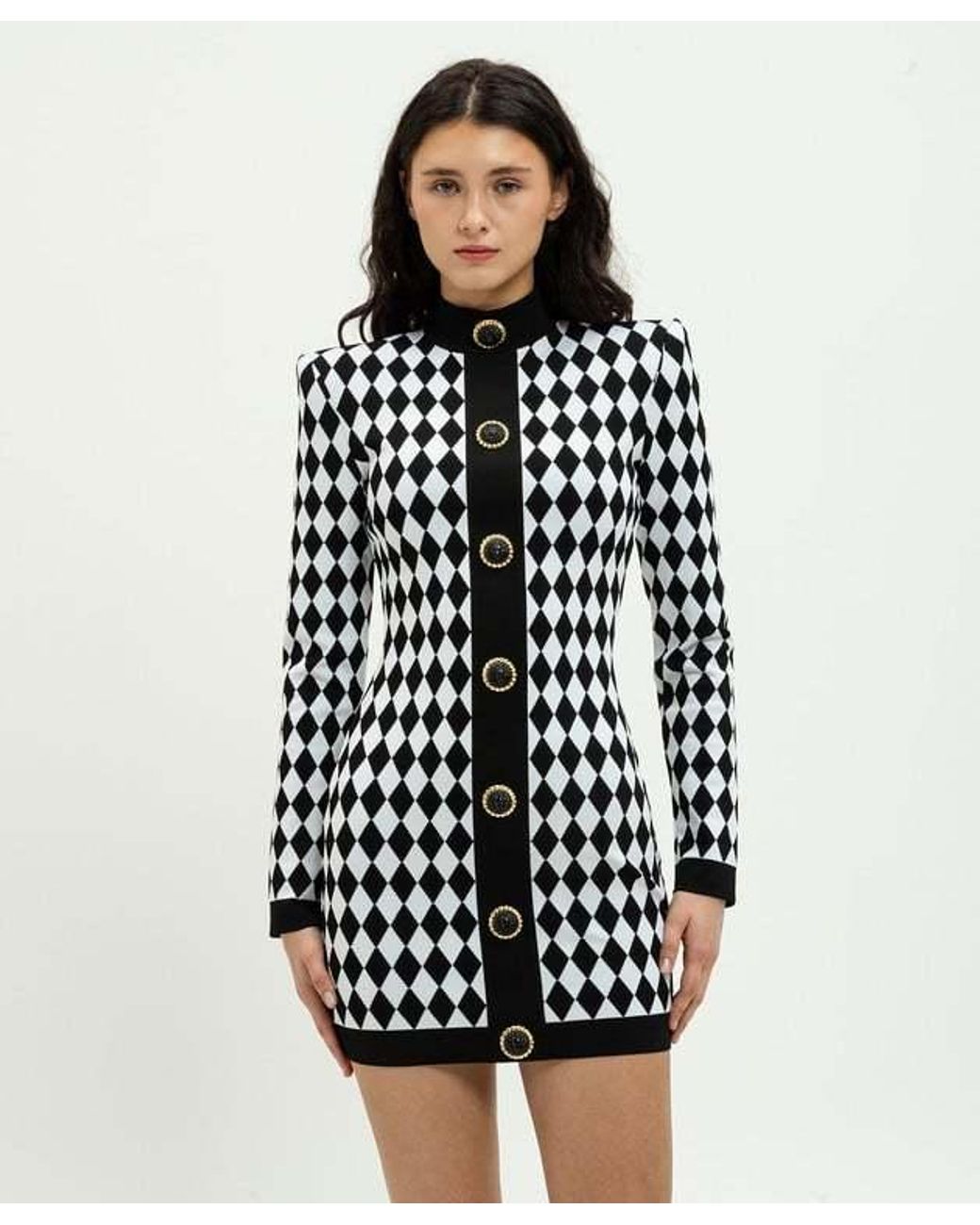 Balmain White Diamond-Pattern Mini Dress
