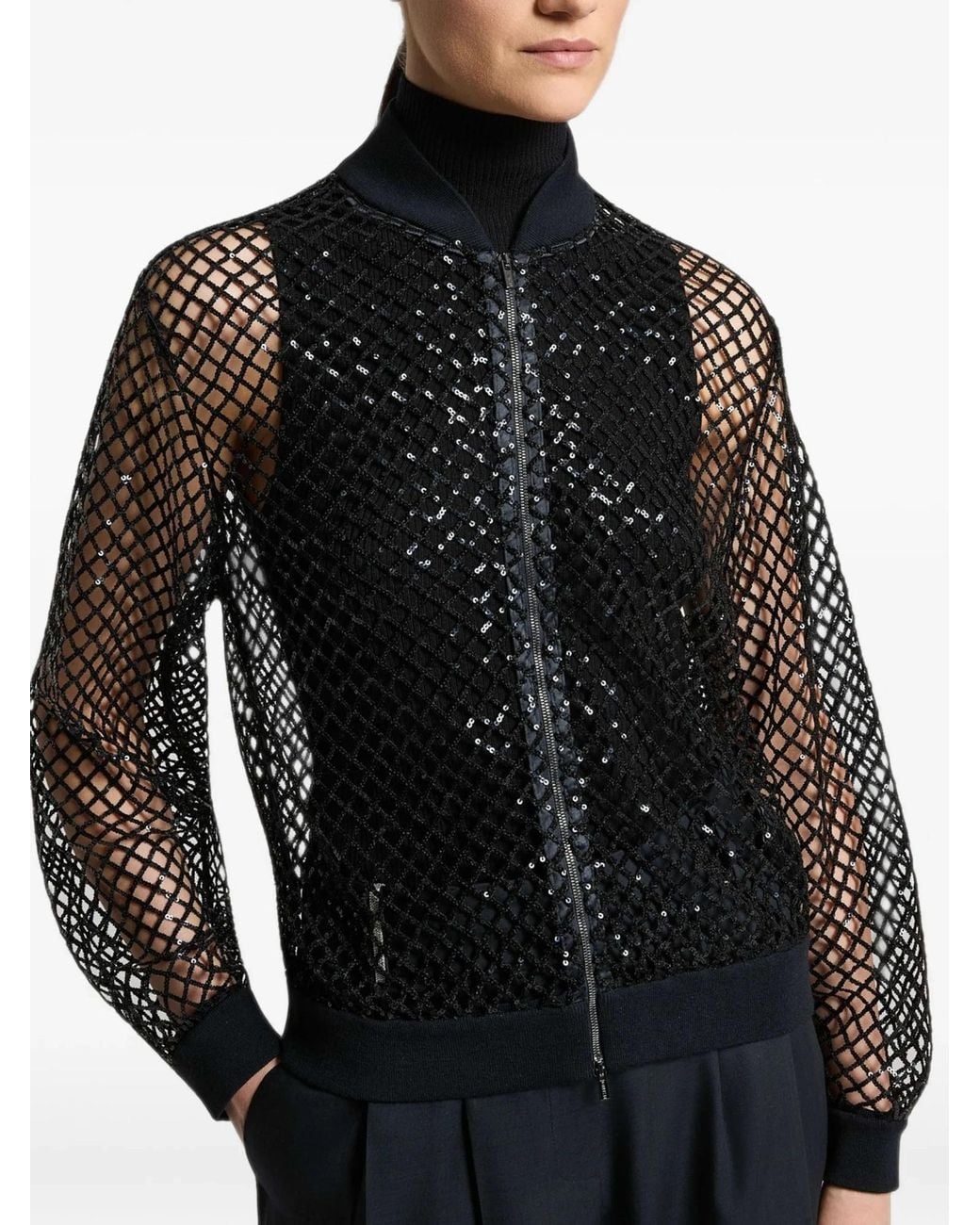 Peserico Black Sequin-Embellished Fishnet Bomber Jacket