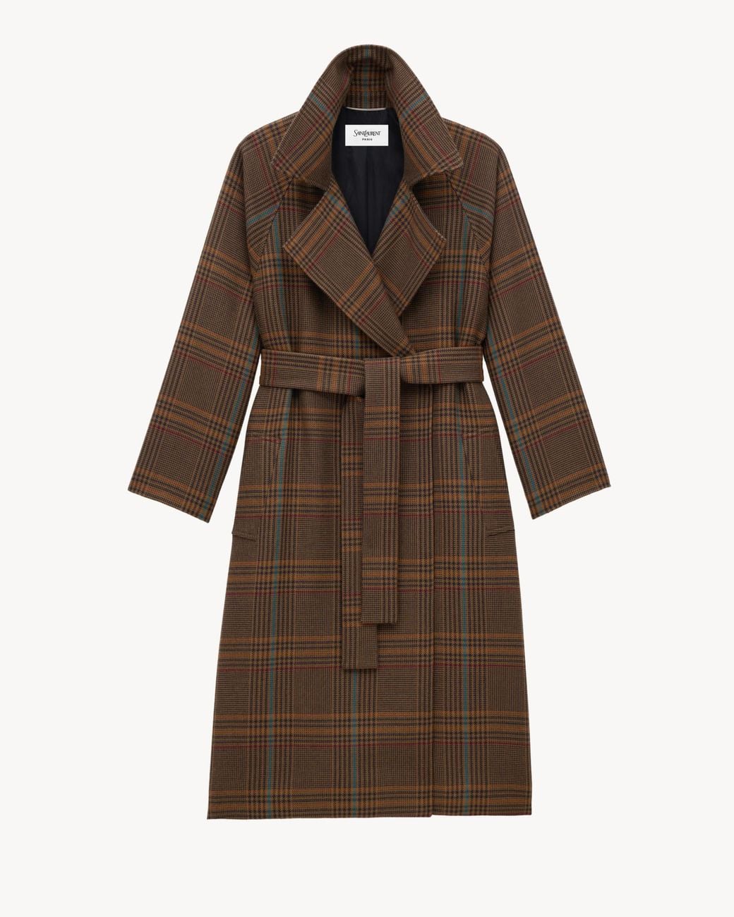 Saint Laurent Brown Checked Belted Long Coat for men