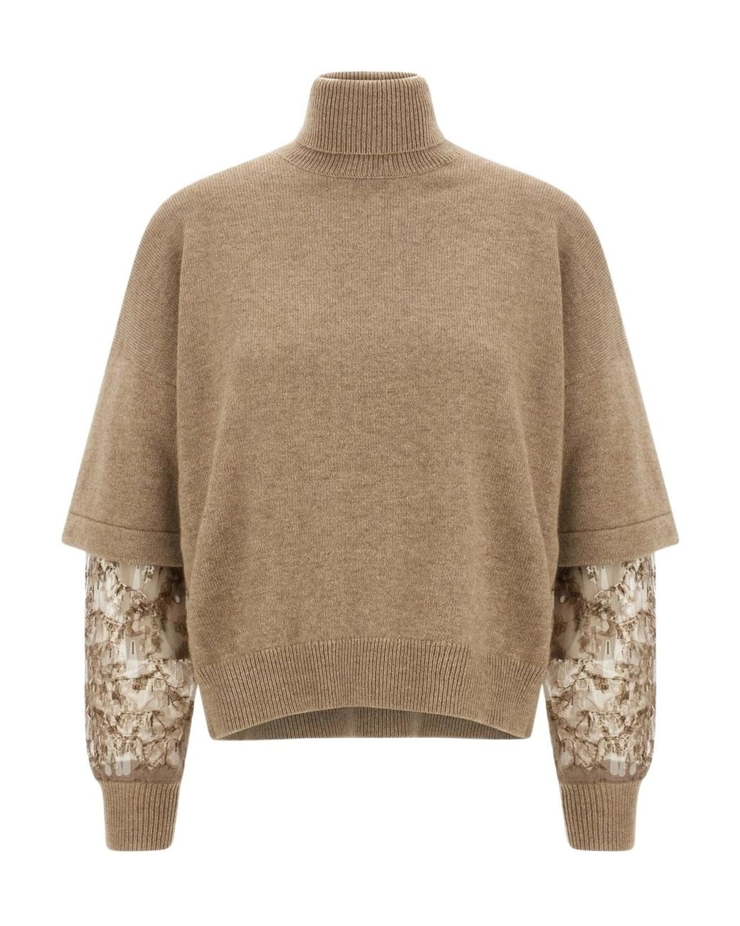 Brunello Cucinelli Natural Sequin-Embellished High-Neck Sweater