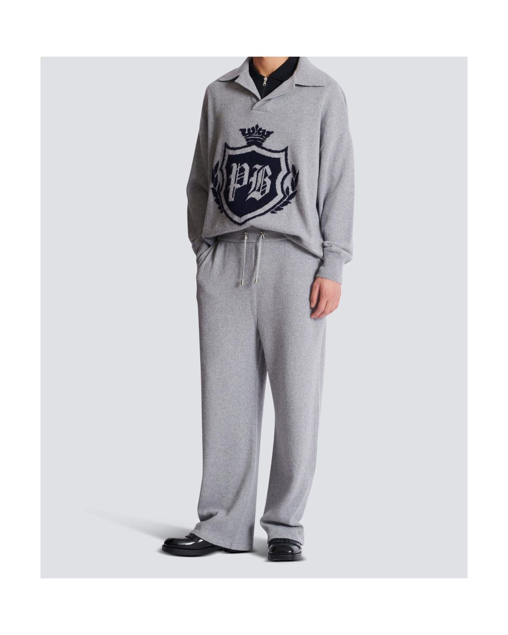Balmain Gray Logo Patch Straight-Leg Trousers for men