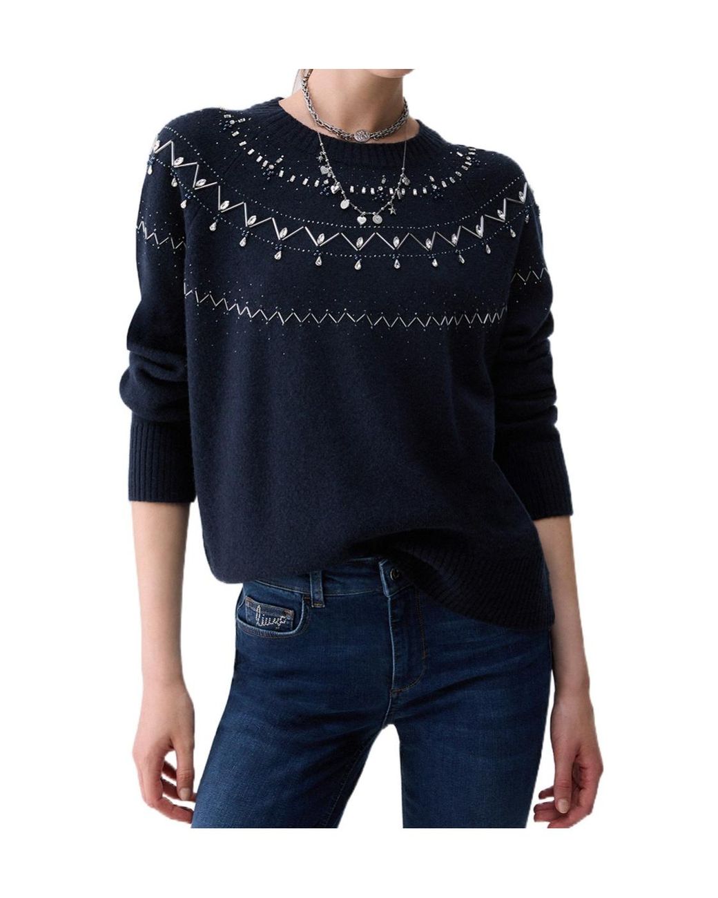 Liu Jo Blue Embellished Crewneck Jumper