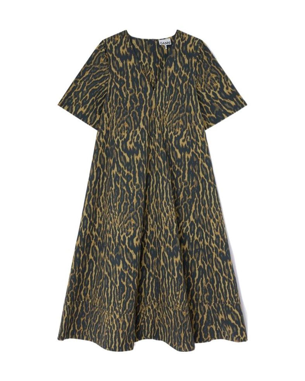 Ganni Green Leopard-Printed V-Neck Dress