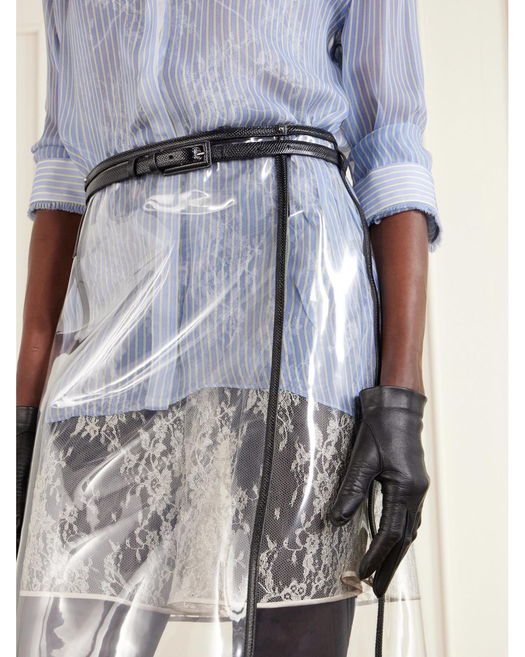 Tom Ford Black Effect Leather-Trimmed Knee-Length Skirt