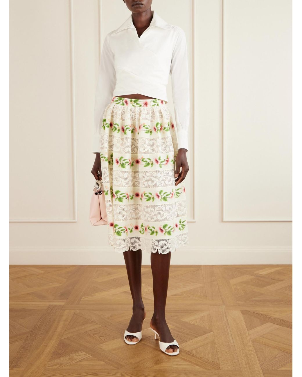 Oscar de la Renta White Floral-Print Lace-Trimmed Cotton-Blend Midi Skirt