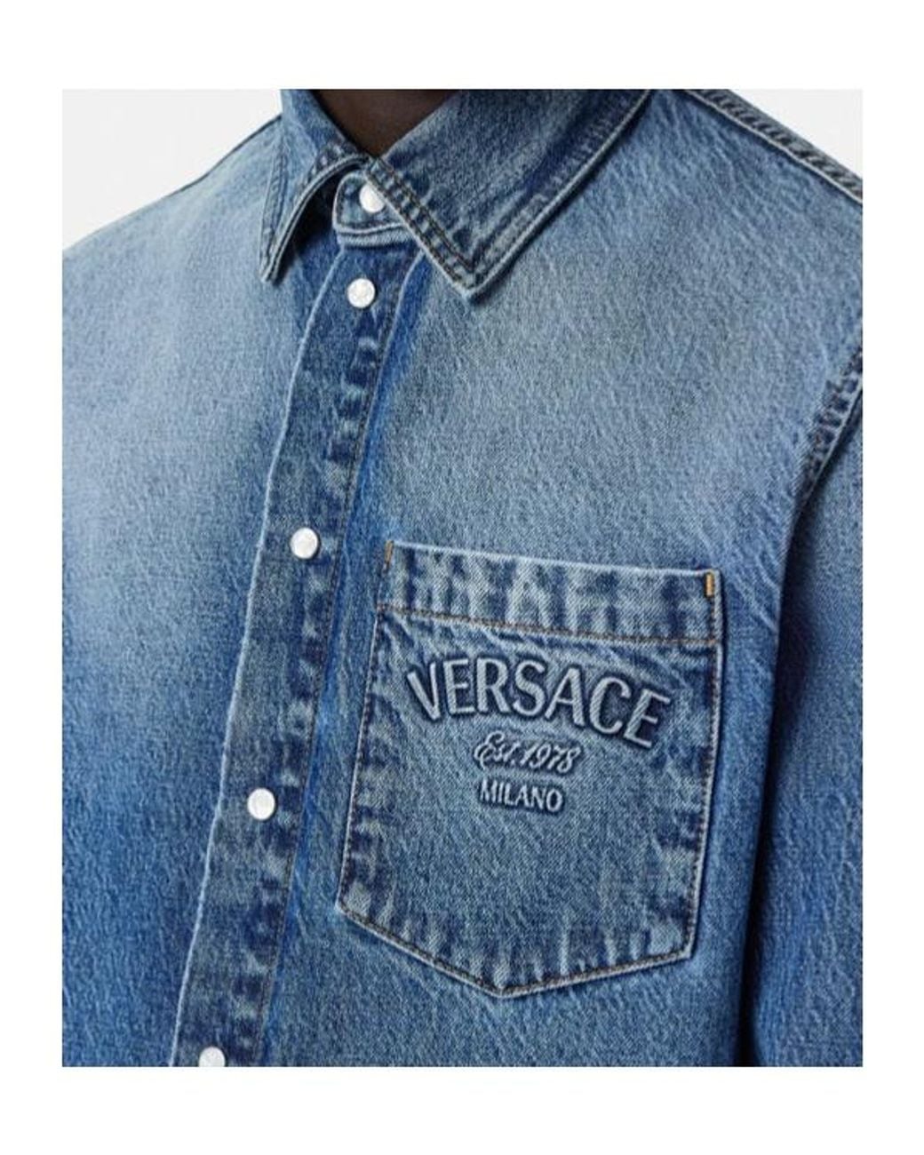 Versace Blue Logo-Embossed Button-Up Denim Shirt for men