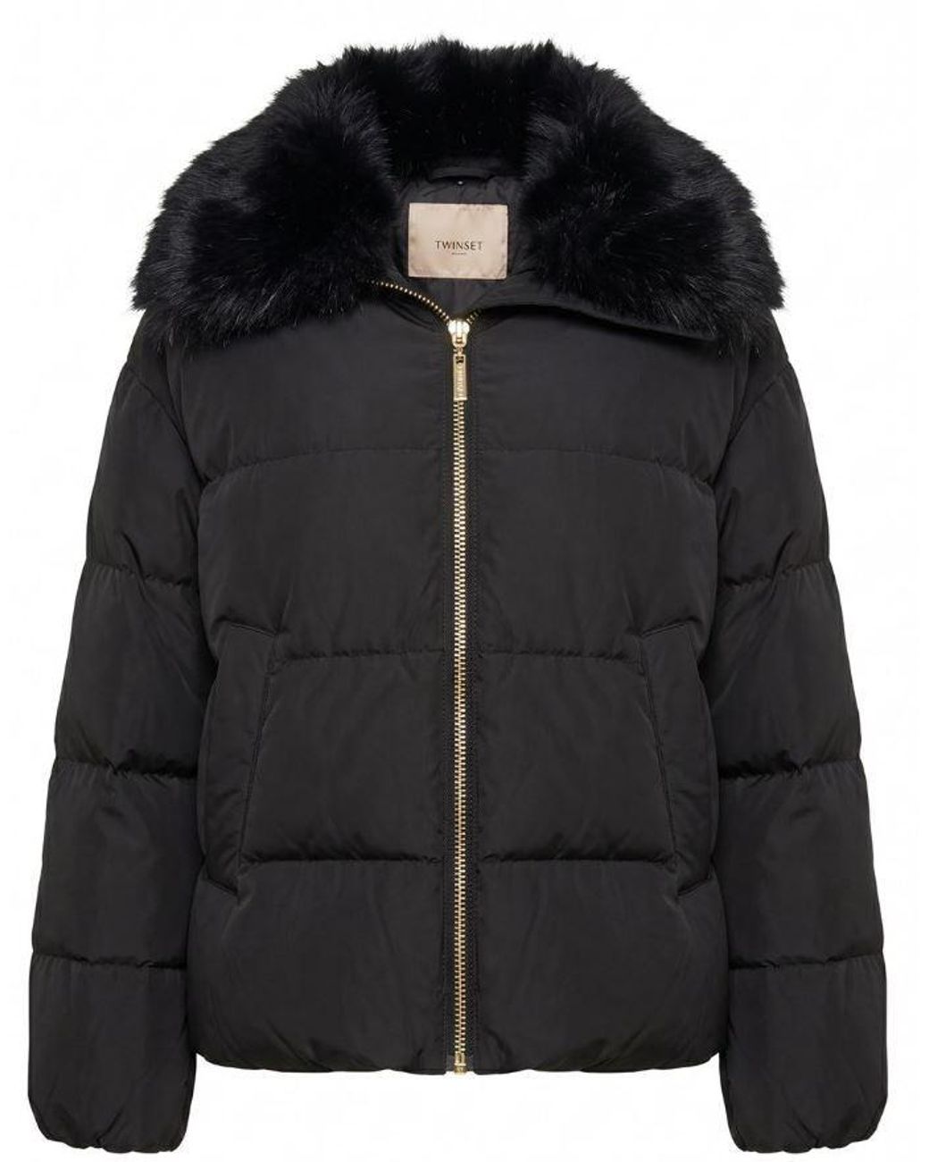Twinset Black Faux Fur-Collar Zip-Up Puffer Jacket
