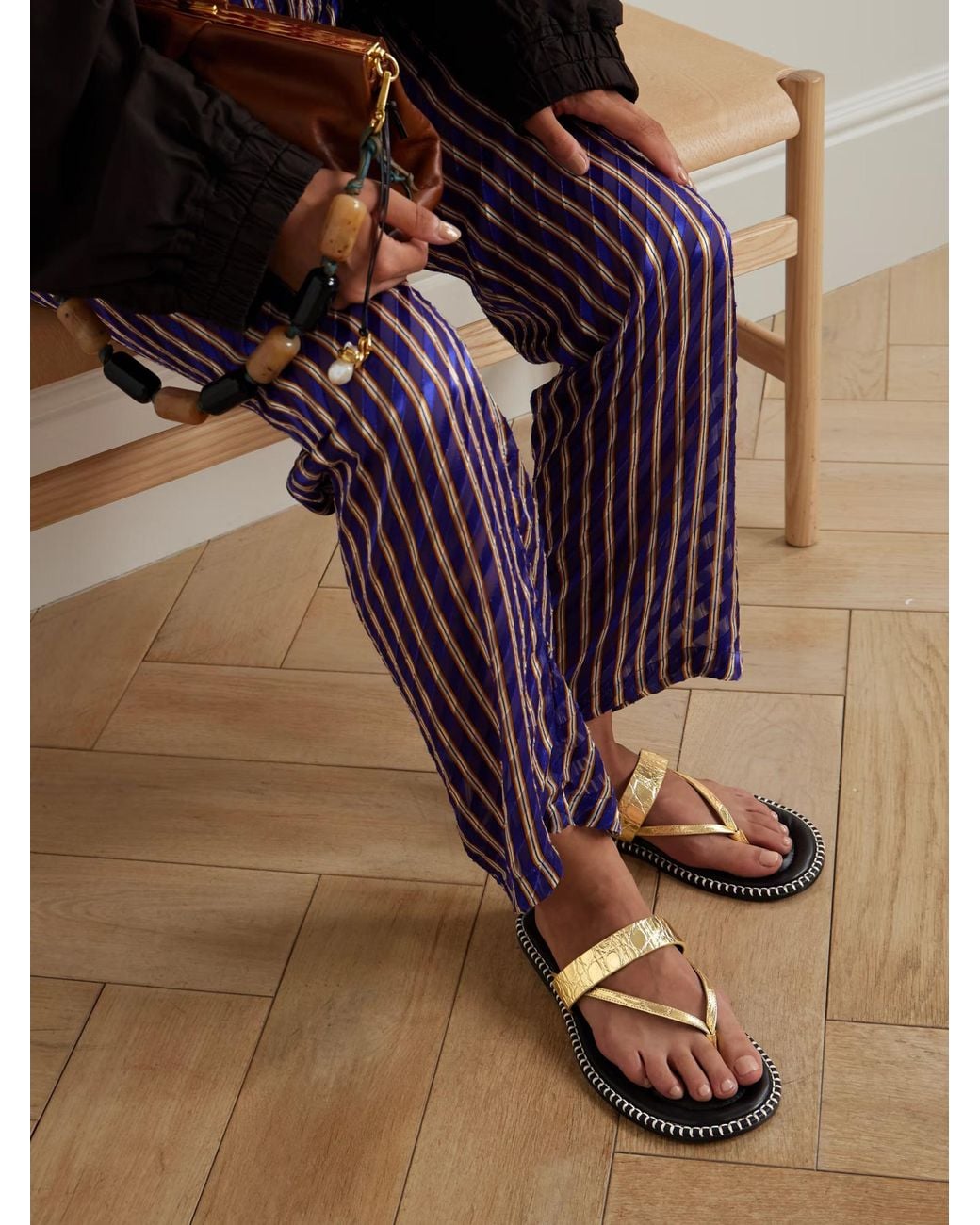 Dries Van Noten Metallic Triple-Strap Flip-Flops
