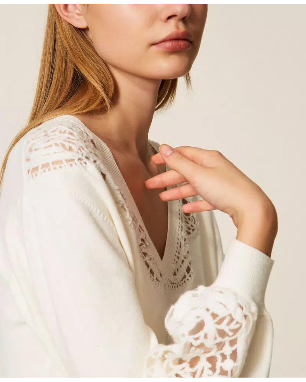 Twinset Natural V-Neck Embroidered Jumper