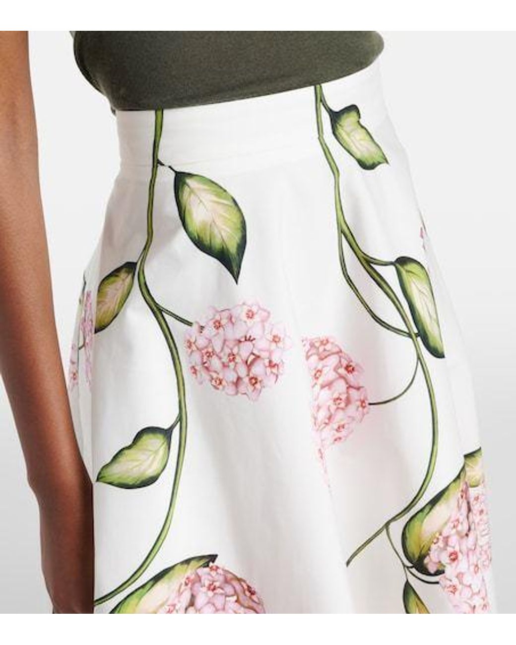 Oscar de la Renta White Floral Cotton-Blend Poplin Midi Skirt