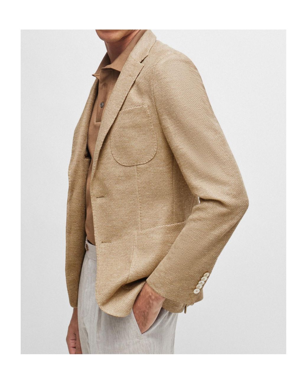 Boss Brown Single-Breasted Linen-Blend Blazer for men