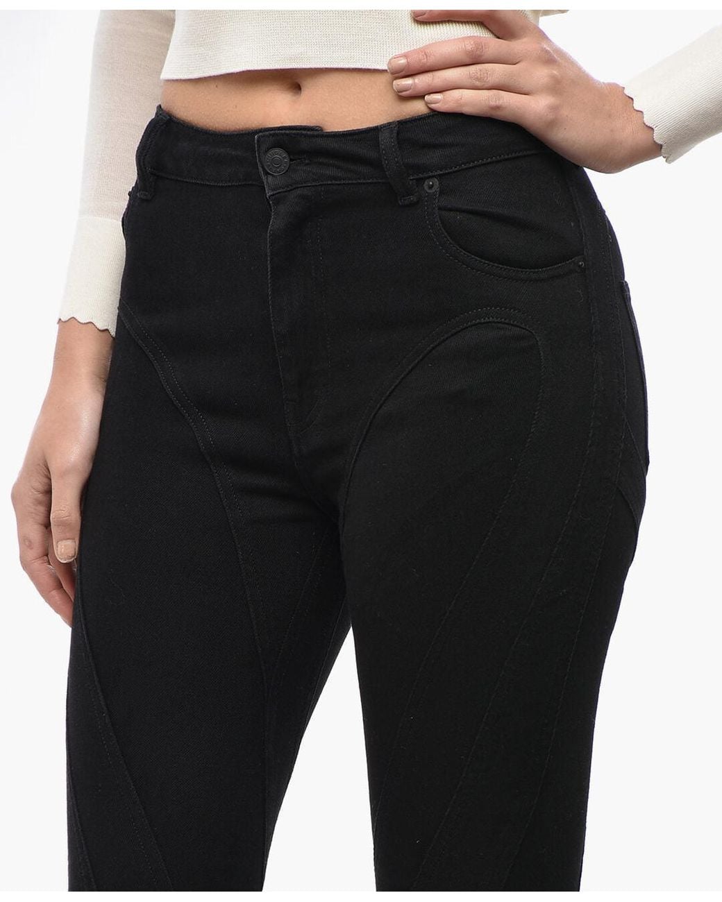 Mugler Black Cropped-Fit Patchwork-Effect Jeans
