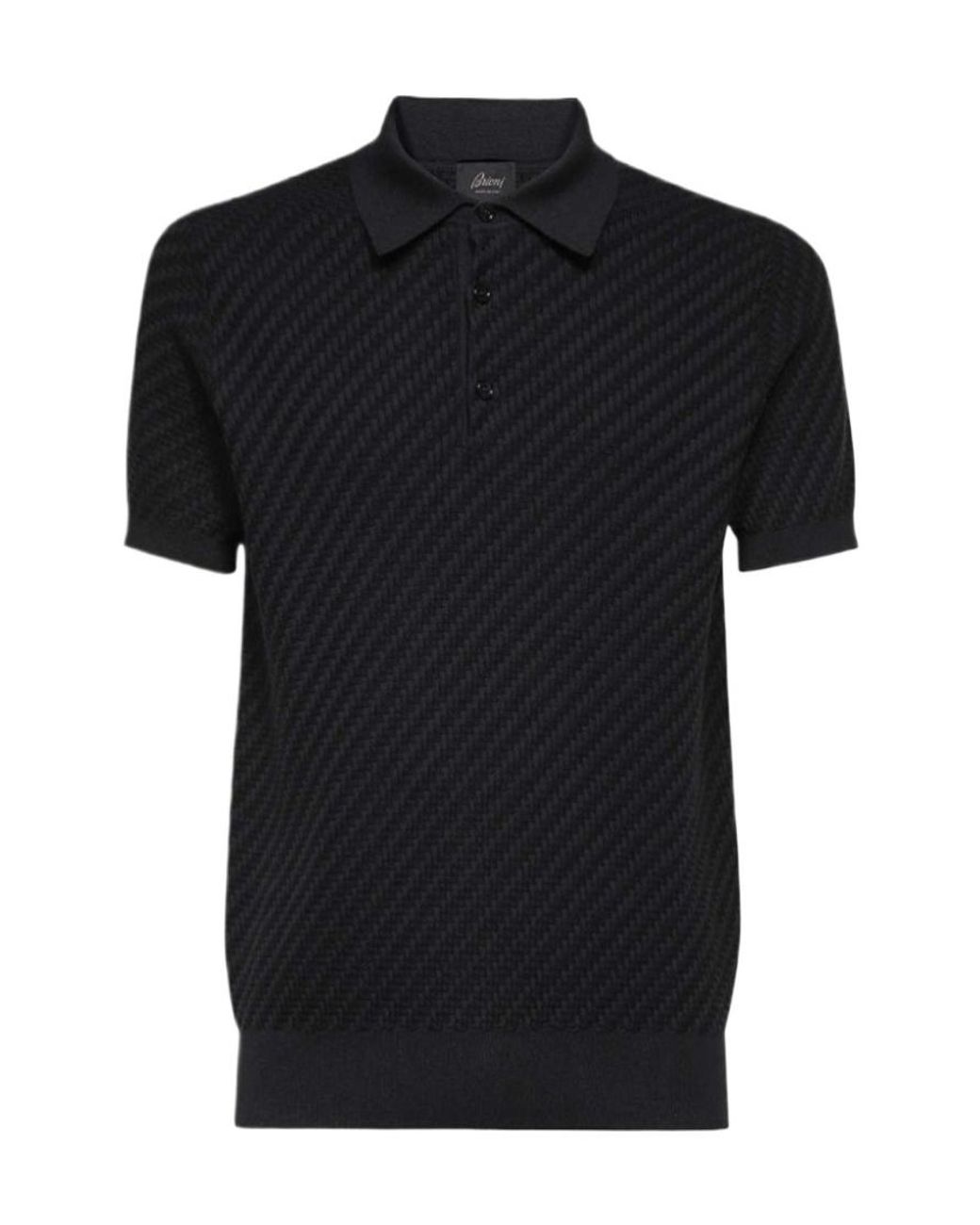 Brioni Black Woven Pattern Knitted Polo Shirt for men
