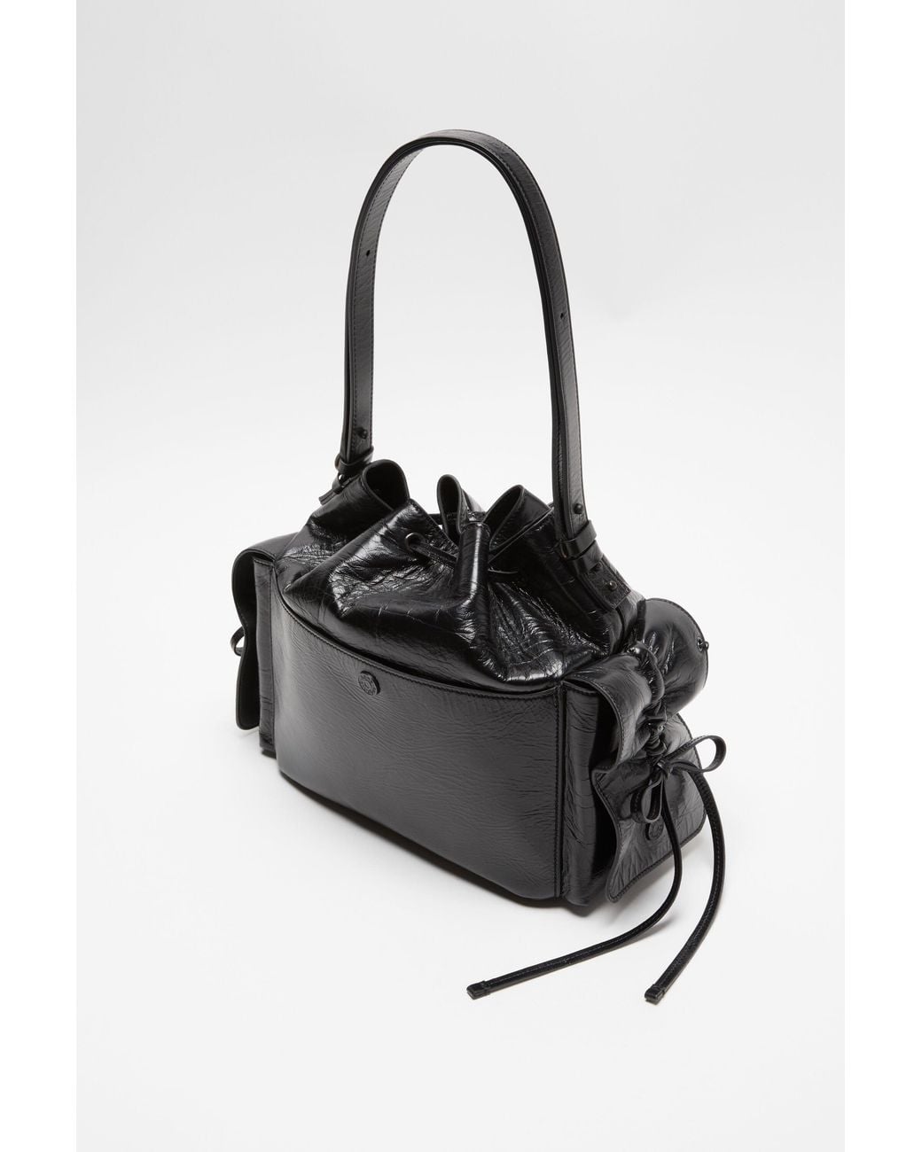 Acne Black Drawstring Ruffled Leather Shoulder Bag