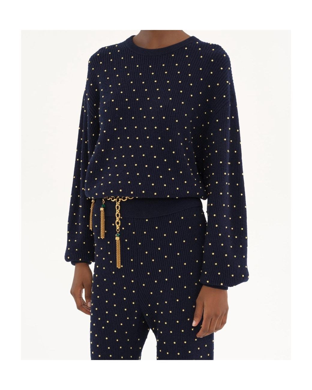 Chloé Blue Wool And Cashmere Knit Studded Crew Neck Sweater