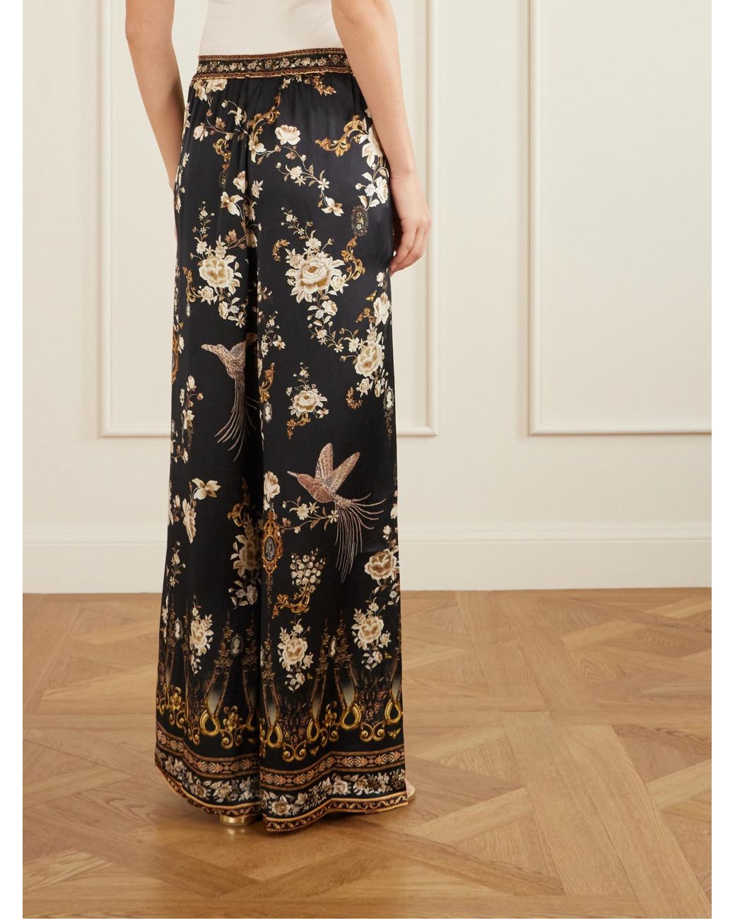 Camilla Black Embellished Embroidered Printed Silk-Satin Pants