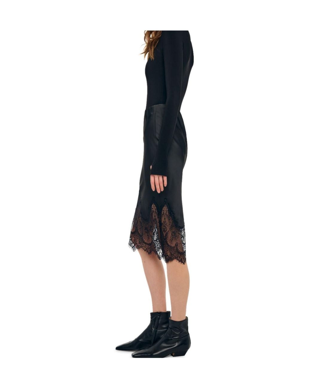 Norma Kamali Black Sable Lace-Trim Skirt