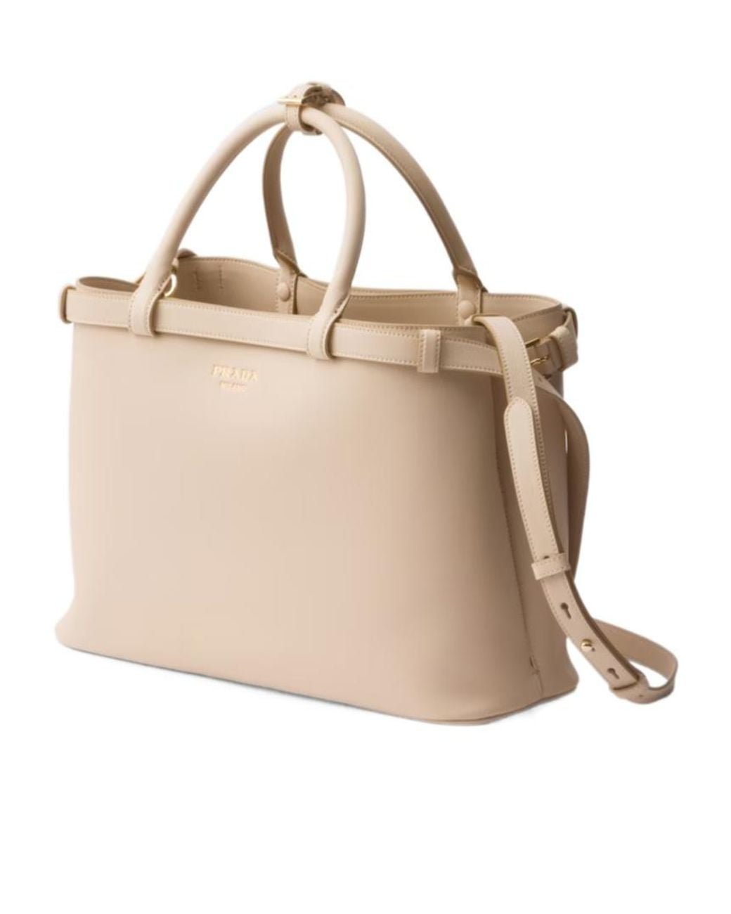 Prada Natural Buckle Medium Leather Handbag With Double Belt