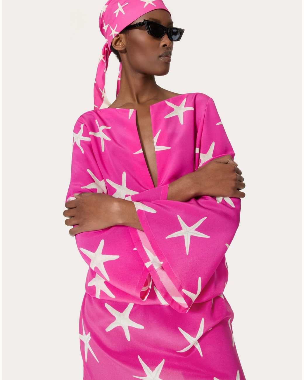 Valentino Pink Star Printed Creped Dress