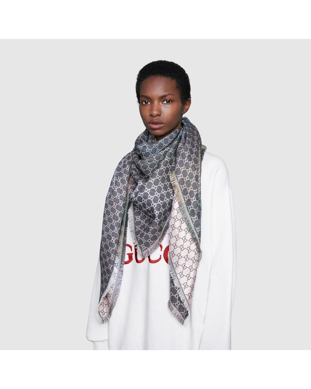 Gucci Gray Logo Jacquard Fringed Hem Scarf